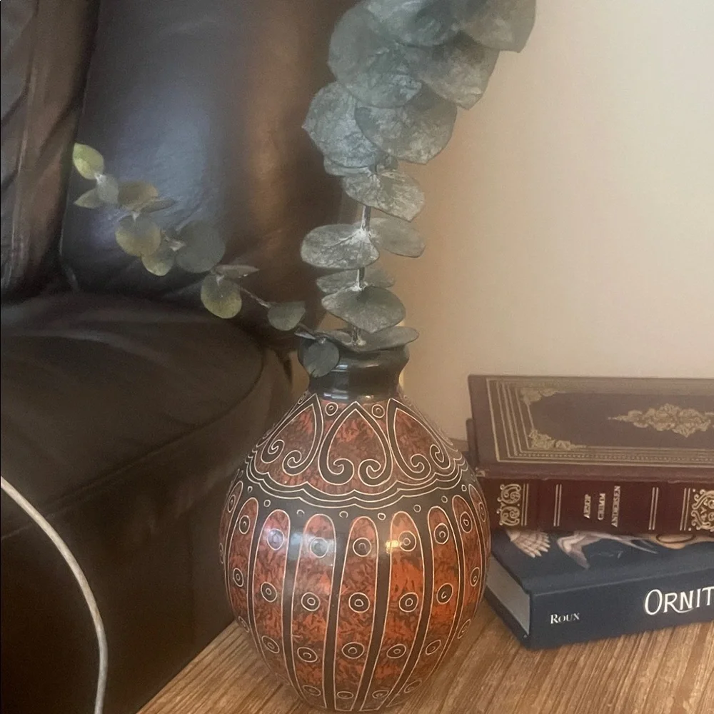 Hand-Painted signed Nicaraguan Orange and Black Decorative Ceramic Vase